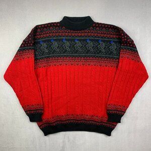 Vintage Wolsey Mens Sweater Large Red Black Fair Isle Cable Knit Ski Wool Italy